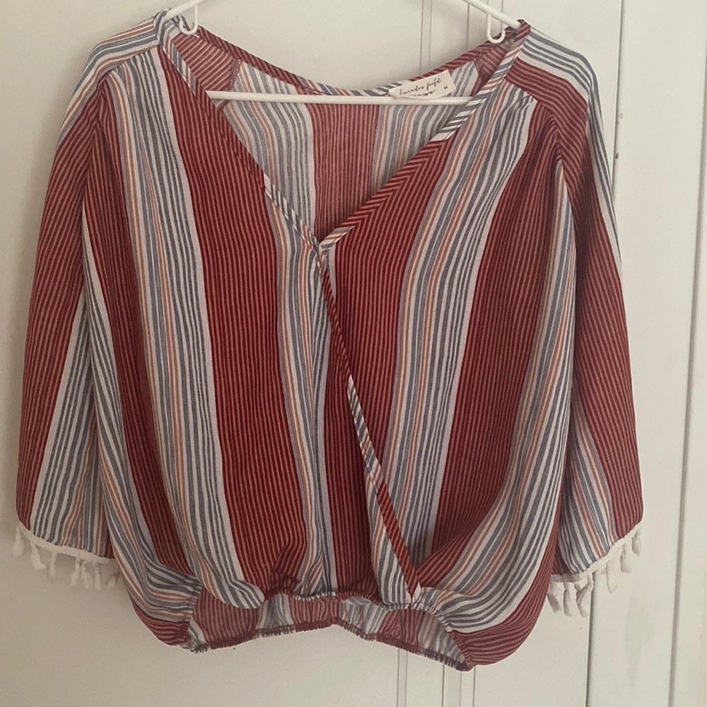 V neck wrap top, with fringe sleeve detail